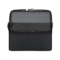 Close-up of a 200W folding solar panel being slid into a black padded protective carry bag