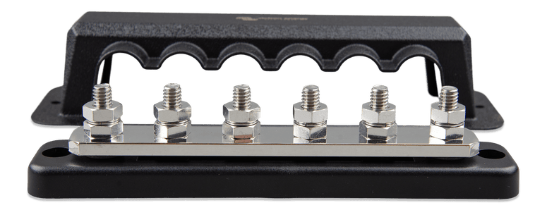 Front view of a 6-terminal 250A busbar with black ABS cover