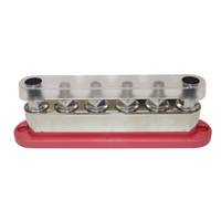 Front view of red busbar with clear cover installed showing voltage and amperage rating text