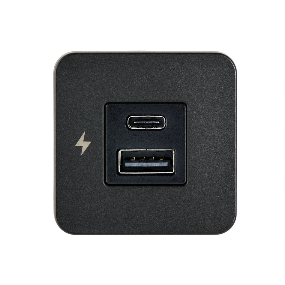 Front view of black square USB socket with USB-A and USB-C ports