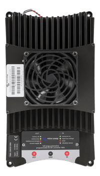 Front view of 100A DC-DC converter showing integrated cooling fan, heatsink fins and status indicators
