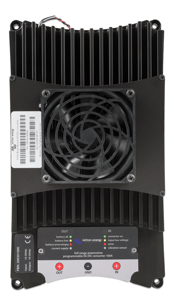 Front view of 100A DC-DC converter showing integrated cooling fan, heatsink fins and status indicators