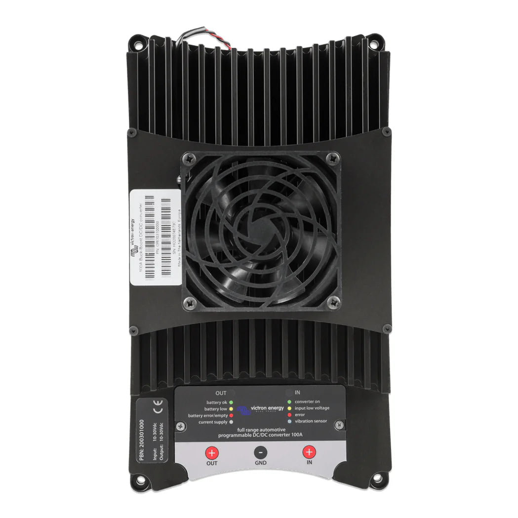 Front view of 100A DC-DC converter showing integrated cooling fan, heatsink fins and status indicators