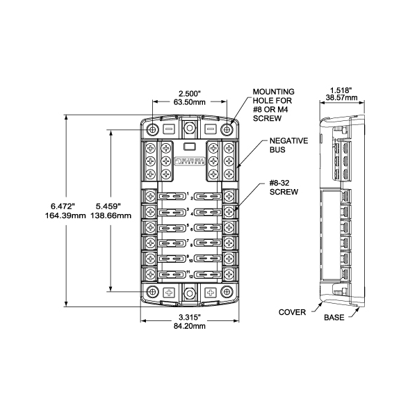 Technical drawing showing dimensions and mounting points for the 12-circuit fuse block