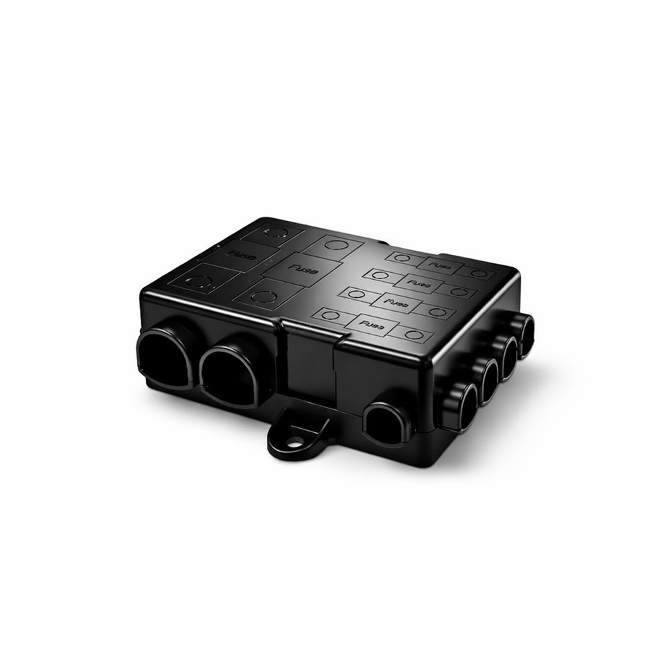 Fuse holder with black protective cover showing cable entry points and fuse identification labels