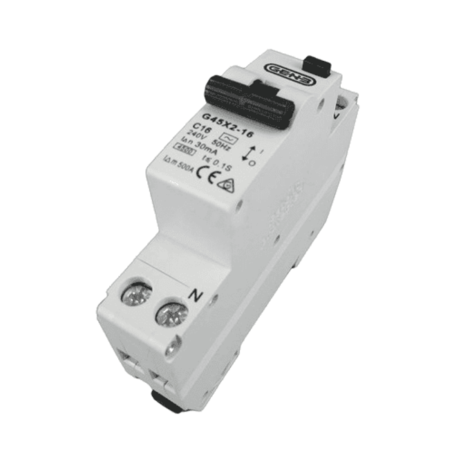 Angled side view of Gen3 16A RCBO safety switch showing compact single module casing and toggle