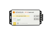 Top-down view of Genasun GV-10 MPPT solar charge controller showing terminals and status LEDs