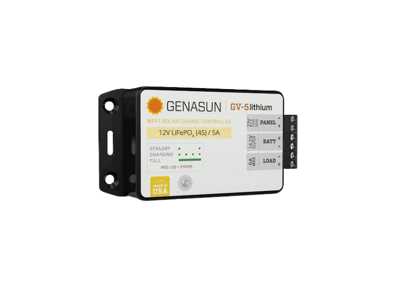Angled view of Genasun GV-5 lithium MPPT solar charge controller showing LED status and terminals