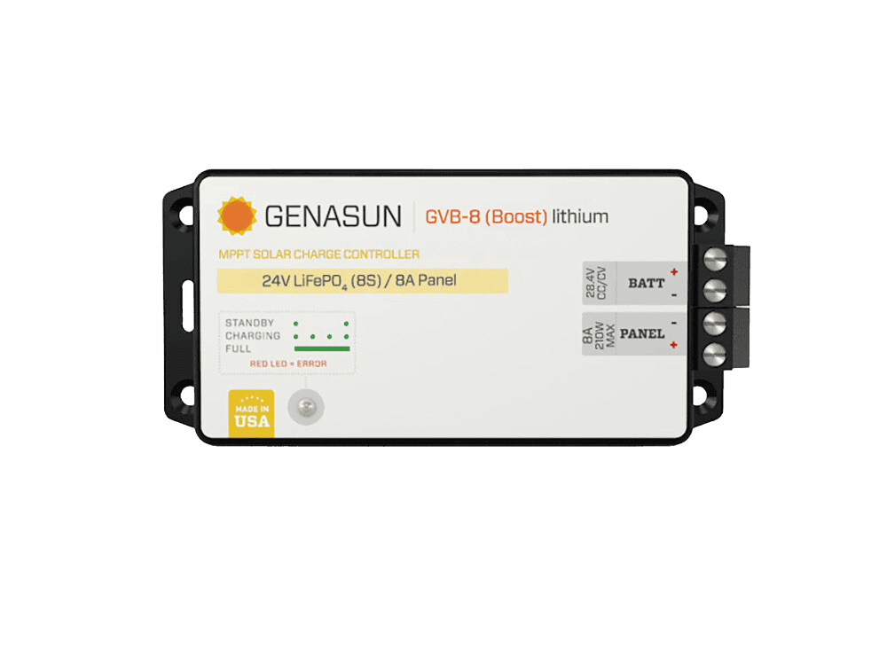 Top view of Genasun GVB-8 MPPT controller showing LED status and 24V lithium specifications
