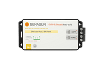Top-down view of Genasun GVB-8-Pb-24V MPPT boost solar charge controller showing terminals and LED indicators