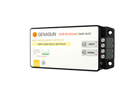 Side perspective of Genasun solar charge controller highlighting compact design and terminal screws
