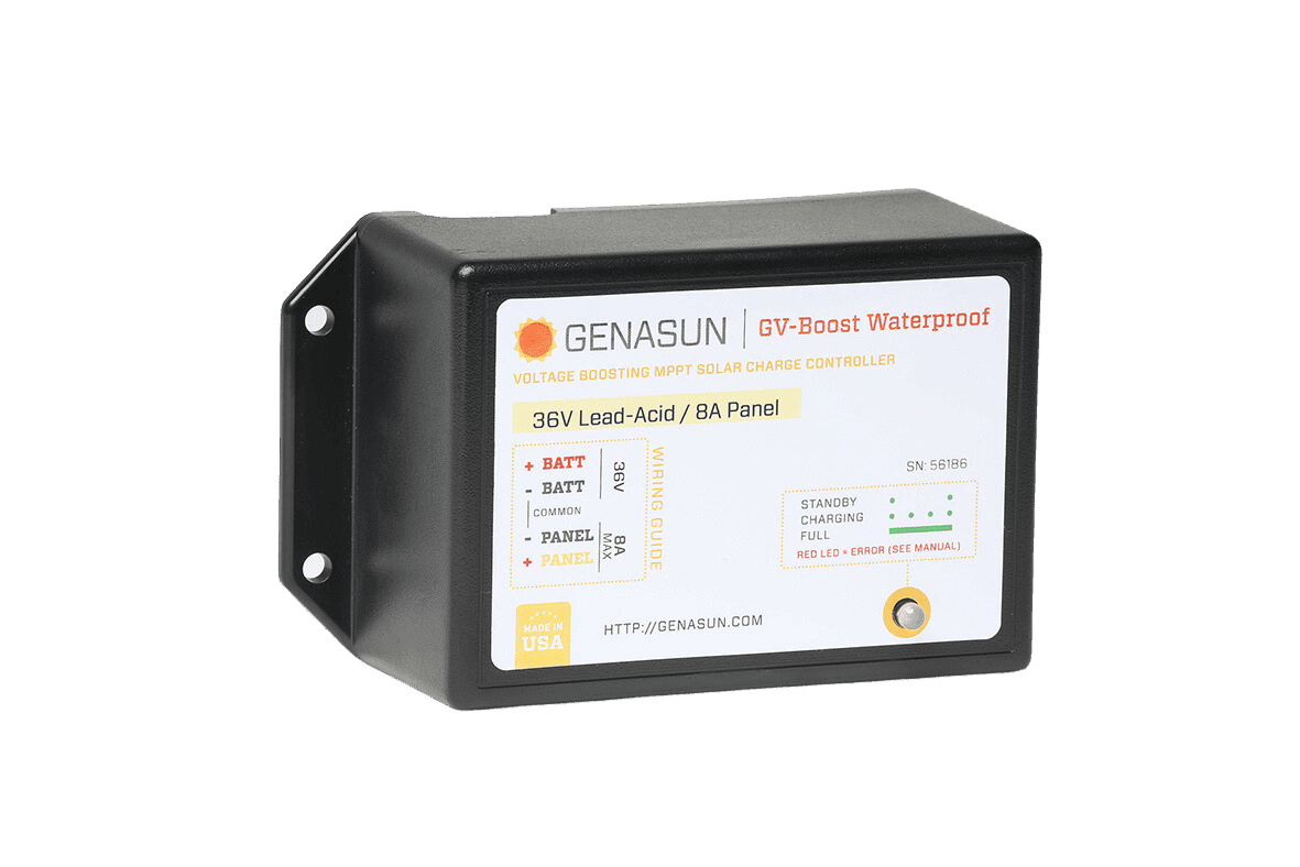 Genasun 36V waterproof MPPT solar charge controller with wiring guide and status LED