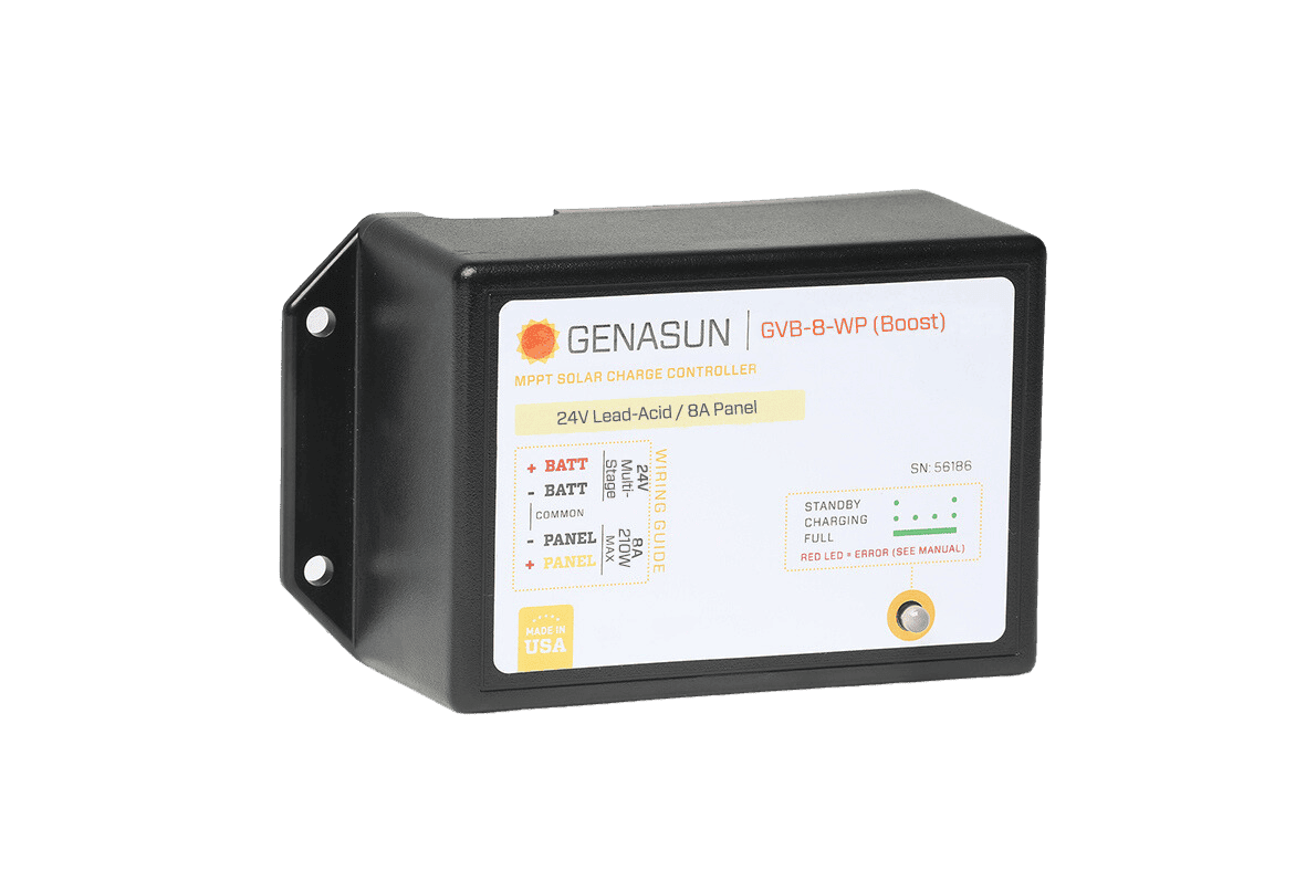 Angled view of Genasun GVB-8-Pb-24V-WP solar charge controller showing label and mounting points