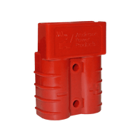 Upright red Anderson plug housing showing logo and mounting holes