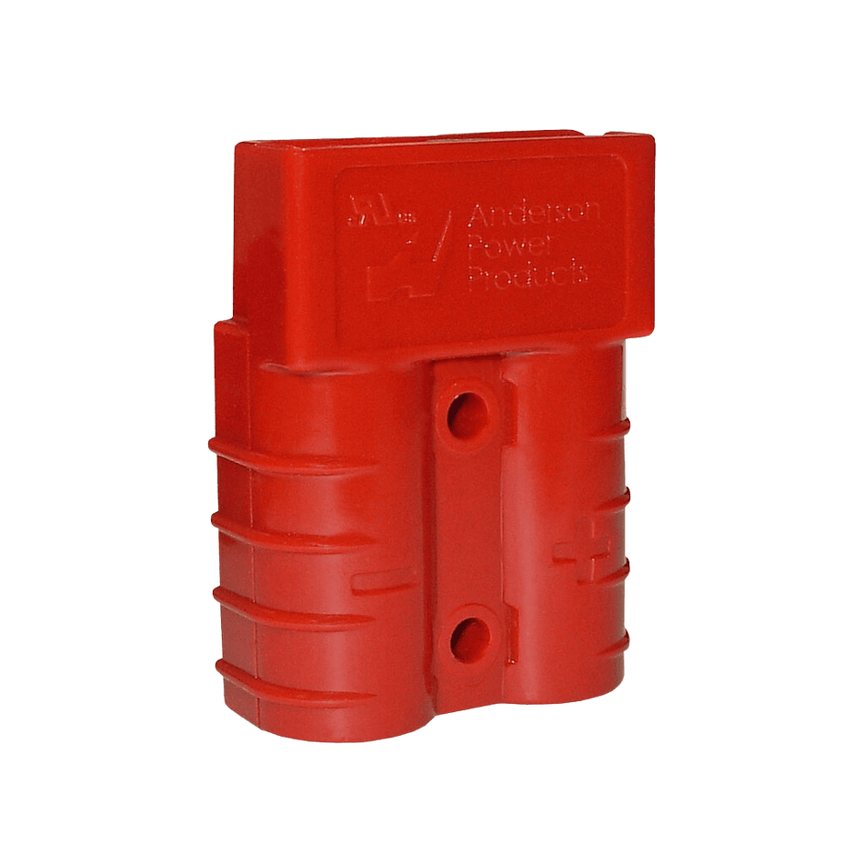 Upright red Anderson plug housing showing logo and mounting holes