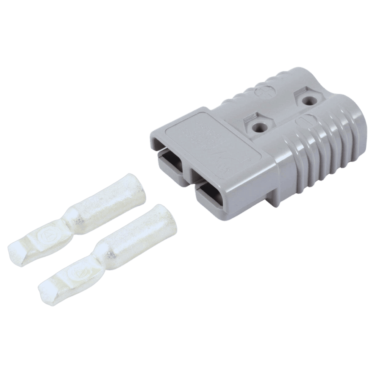 Grey 120A Anderson plug connector housing displayed with two separated silver contacts