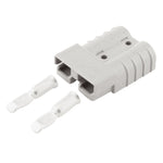 Grey 50A Anderson plug housing shown with two silver 6AWG contacts