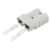 Grey 50A Anderson plug housing shown with two silver 6AWG contacts