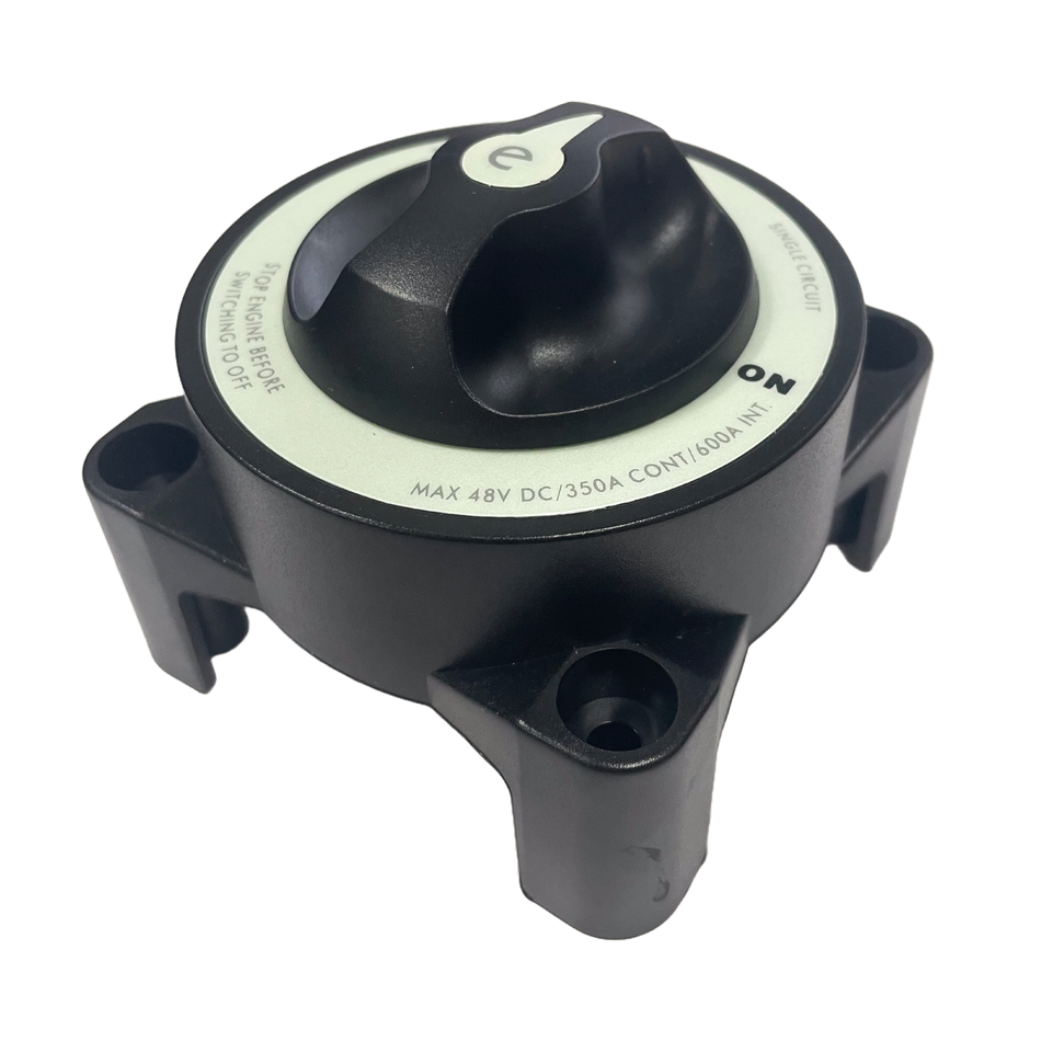 Isometric view of black battery isolator switch showing robust housing and mounting feet