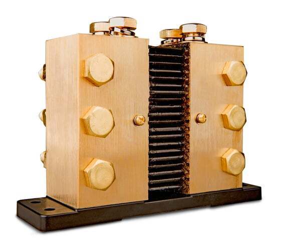 Rear perspective of high current 6000A DC shunt showing terminal studs and resistive stack