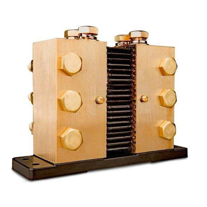 Rear perspective of high current 6000A DC shunt showing terminal studs and resistive stack