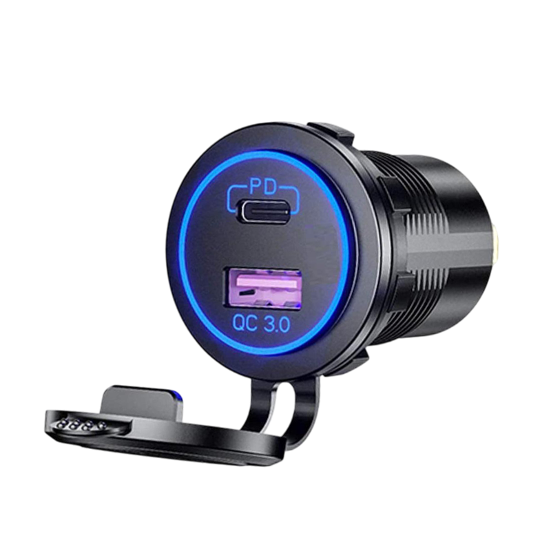 Angled view of flush mount socket with blue LED ring illuminated, open cap, USB-C and USB-A ports