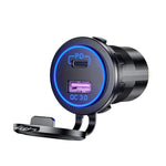 Angled view of flush mount socket with blue LED ring illuminated, open cap, USB-C and USB-A ports