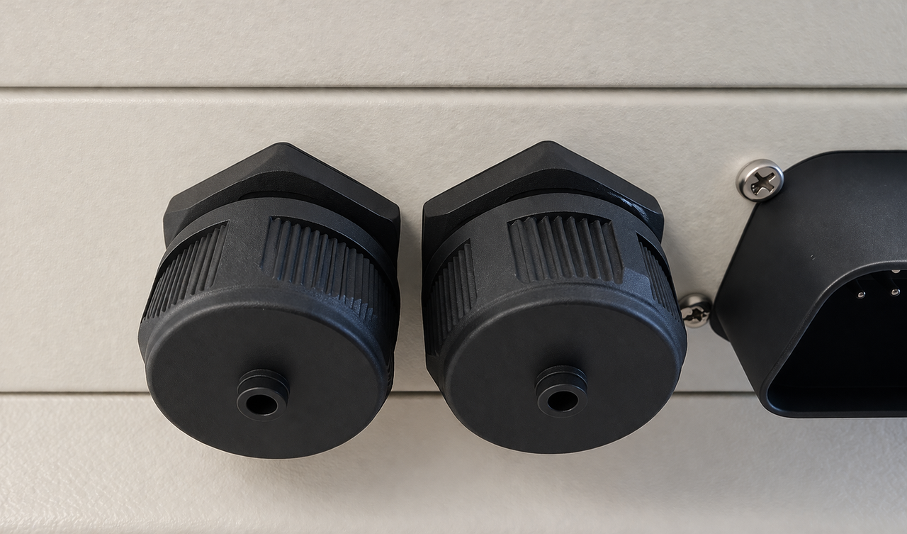 Close-up of black waterproof caps installed on a Wakespeed WS500 regulator housing