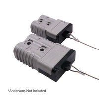 Two grey 175A Anderson plugs fitted with black protective dust covers