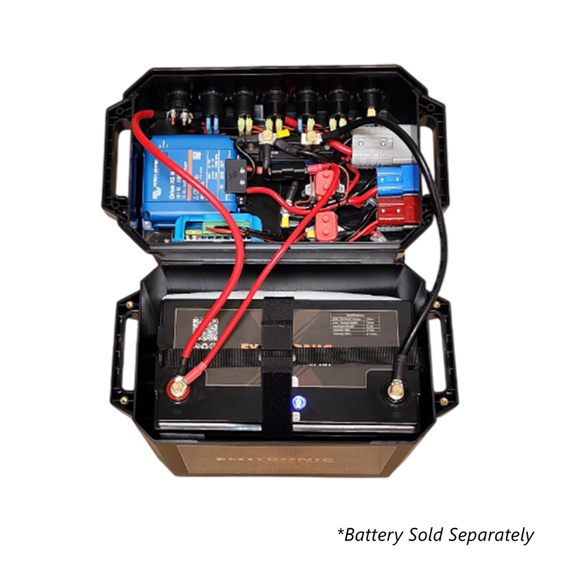 Open battery box lid showing internal wiring, Victron Orion XS charger and fuse layout