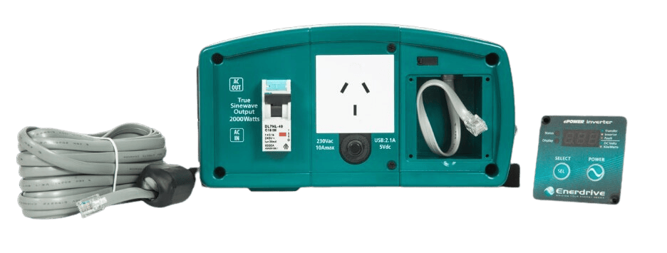 Front connection panel of inverter with RCD switch, AC socket, USB port, and included remote control panel