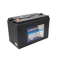 Angled view of Invicta 12V 100Ah hybrid lithium battery showing terminals and carry handle