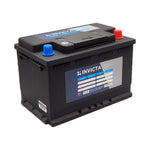 Studio view of Invicta 12V 60Ah Hybrid lithium battery with integrated handle and standard automotive terminals
