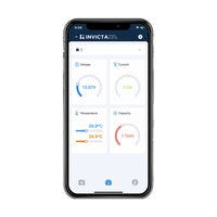 Smartphone displaying Invicta Bluetooth monitoring app showing battery status metrics