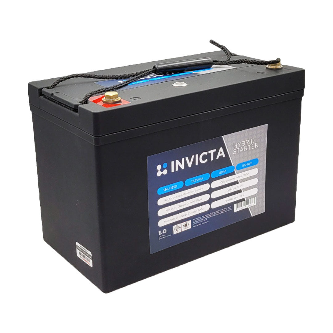 Angled view of Invicta 12V 80Ah Hybrid Lithium Starter Battery showing terminals and carry strap