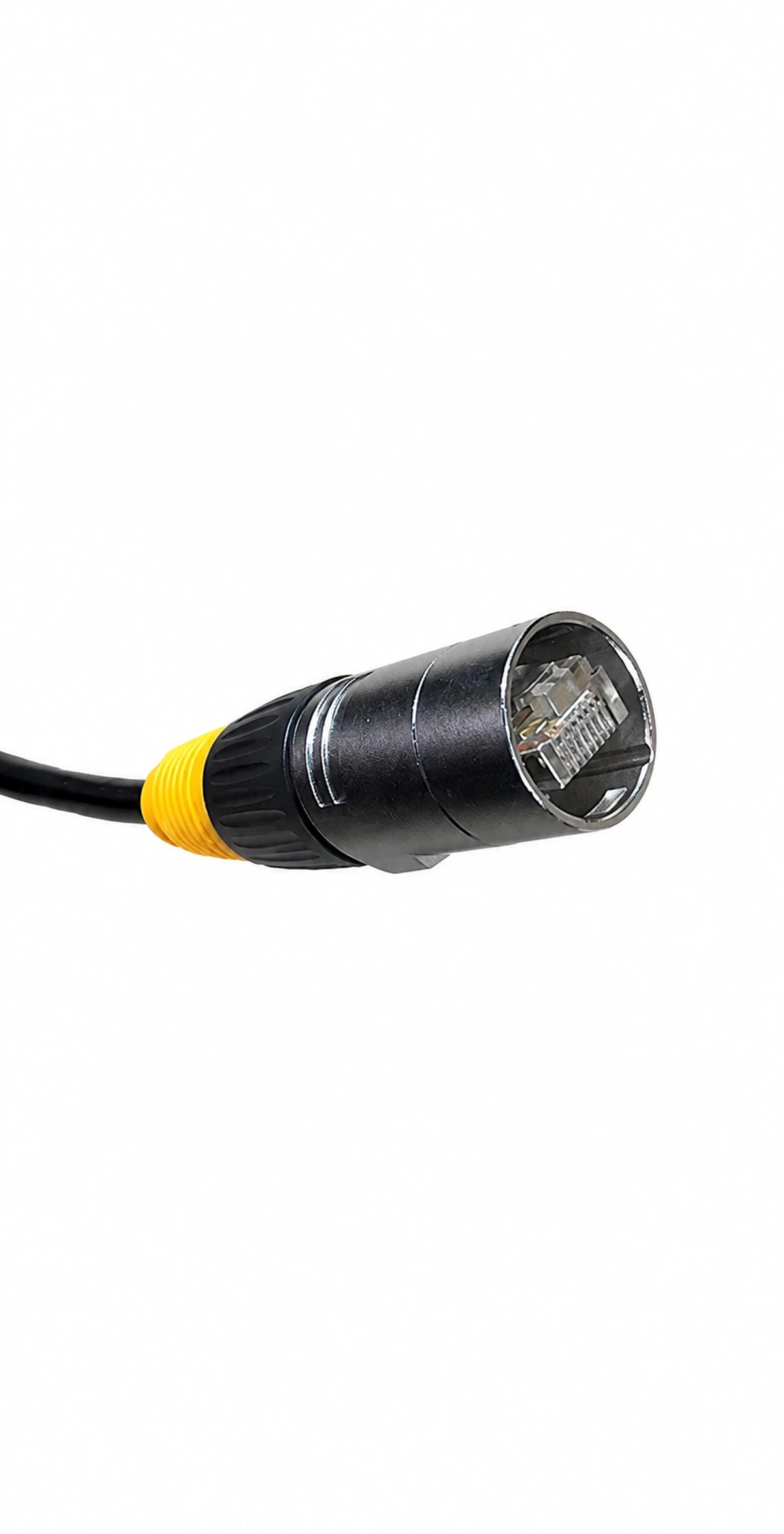 Close-up of waterproof IP66 connector showing internal RJ45 plug for Axion battery communication
