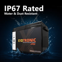 Battery submerged in splashing water graphic illustrating IP67 water and dust resistance rating