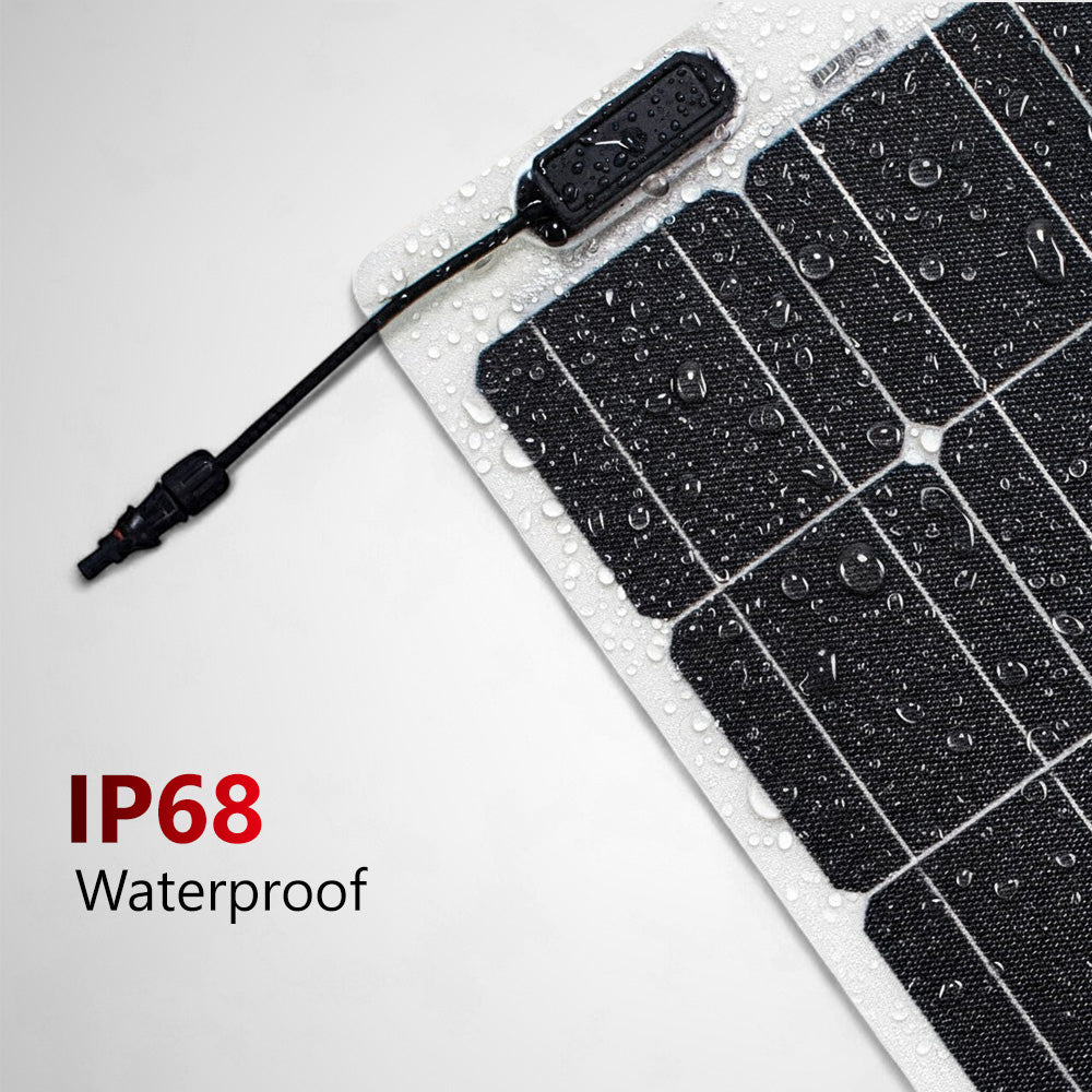 Water droplets on an IP68 waterproof junction box and surface of a Sunman flexible solar panel