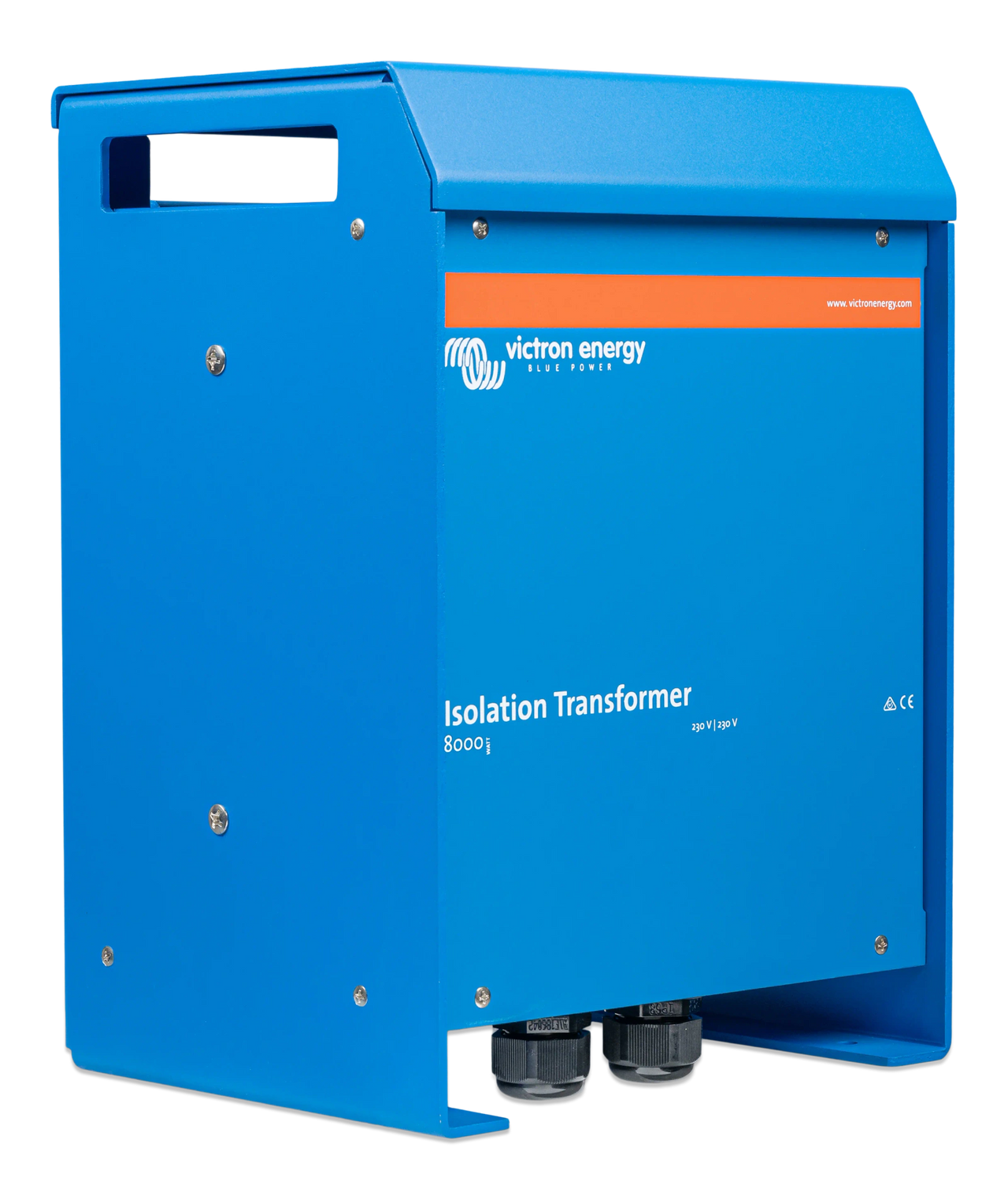 Angled perspective view of the 8000W isolation transformer showing side mounting holes and blue casing
