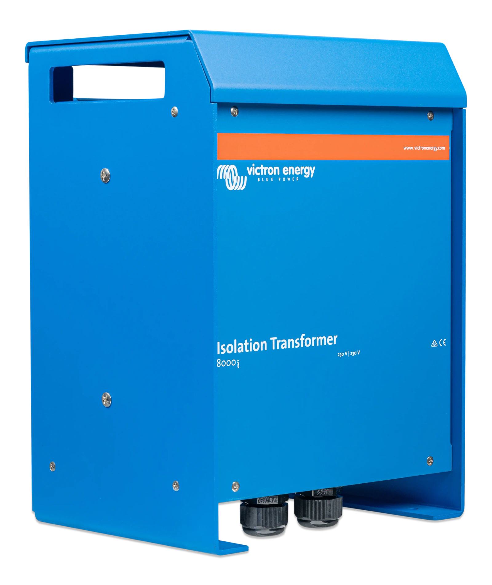 Angled perspective view of the 8000W isolation transformer showing side mounting holes and blue casing