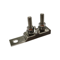 Isometric view of a dual MRBF fuse holder with two vertical M8 studs and silver plated busbar