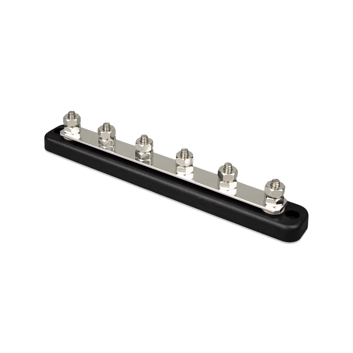 Isometric view of a 6P 150A busbar showing the copper strip and hex nuts
