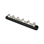 Isometric view of a 6P 150A busbar showing the copper strip and hex nuts