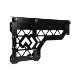 Left-hand black powder-coated steel universal mounting bracket with adjustment knobs and accessory slots