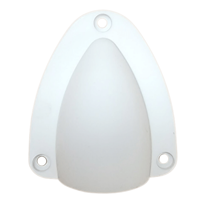 Top-down view of large white clamshell cable entry cover showing three mounting holes