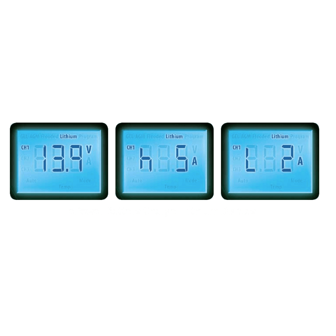 Three LCD screen examples showing different charging stages and battery data