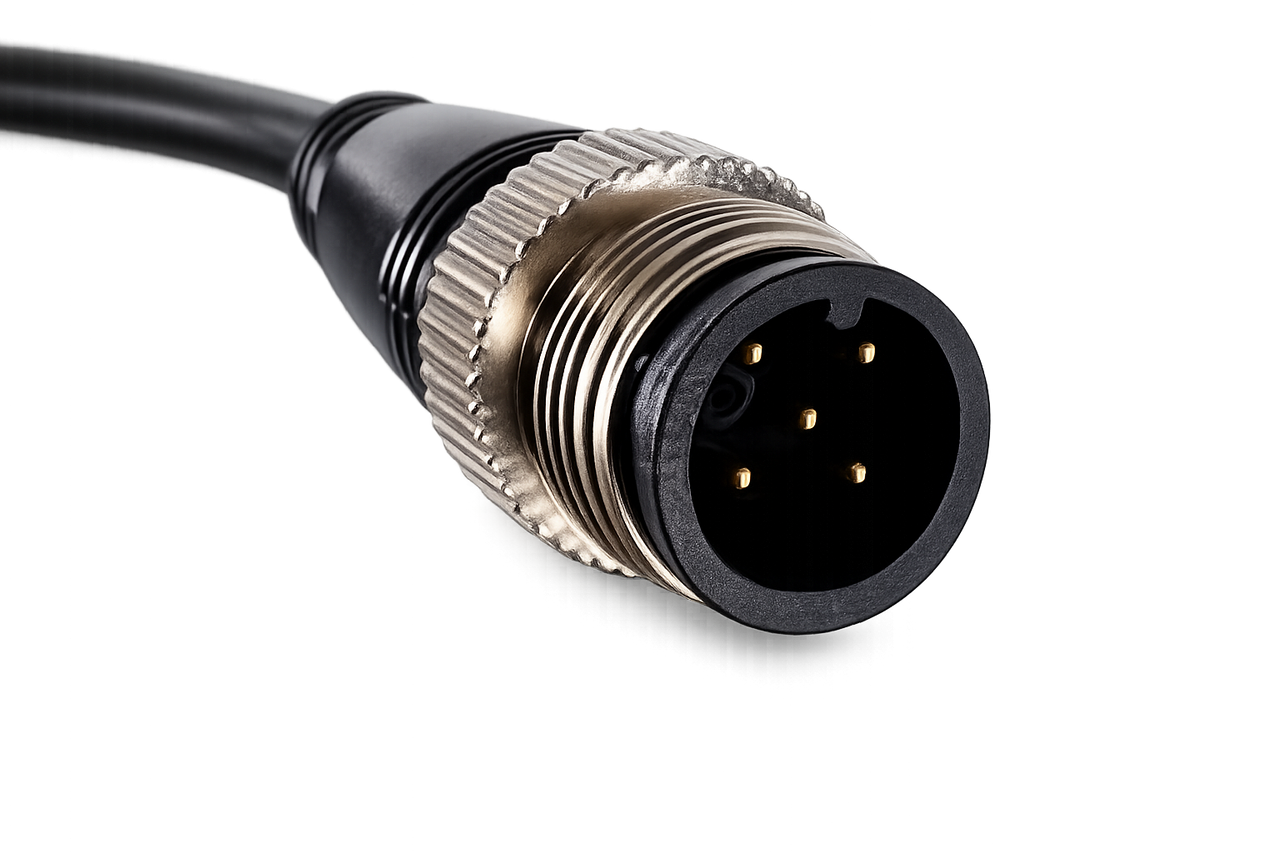 Close-up of 5-pin M12 NMEA2000 connector with gold-plated pins and metal locking nut
