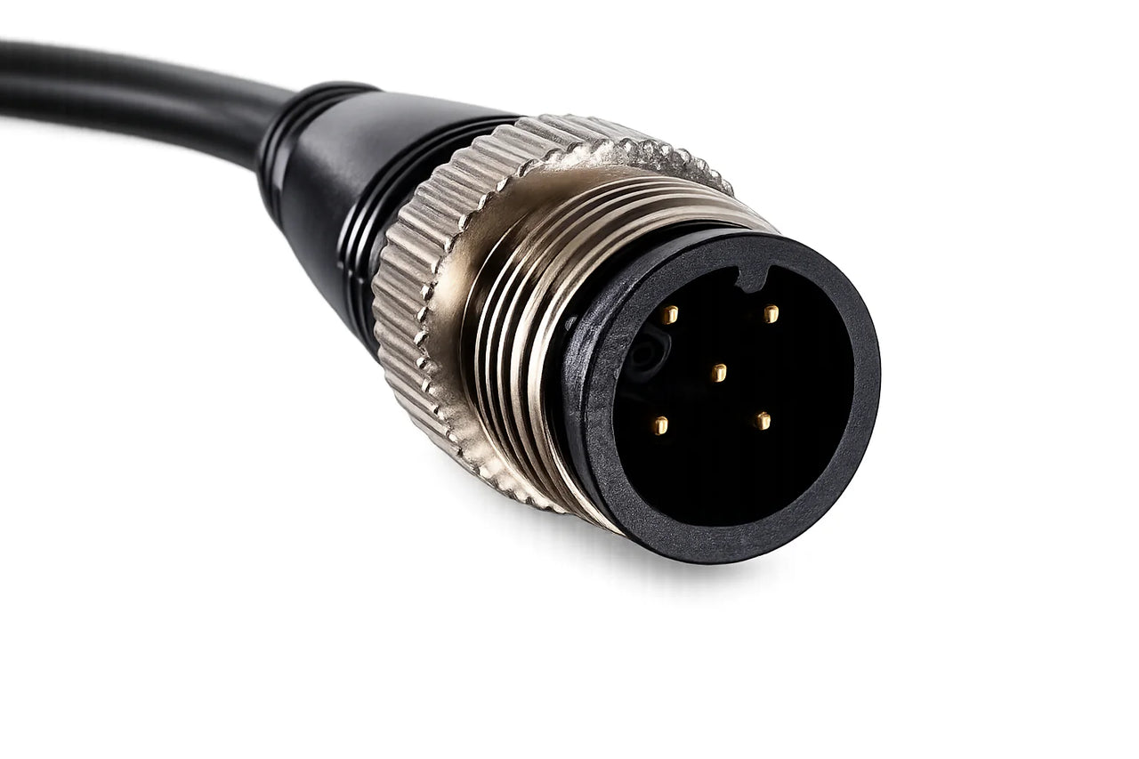 Close-up of 5-pin M12 NMEA2000 connector with gold-plated pins and metal locking nut