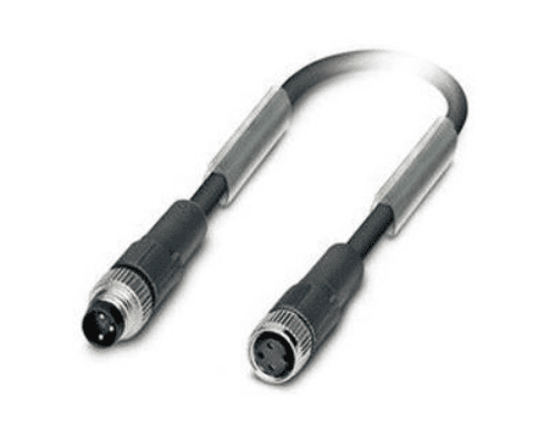 Close-up detail of M8 3-pole male and female circular connector ends