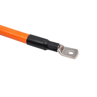Close-up of M8 bellmouth lug crimped onto 95mm² orange flexible battery cable